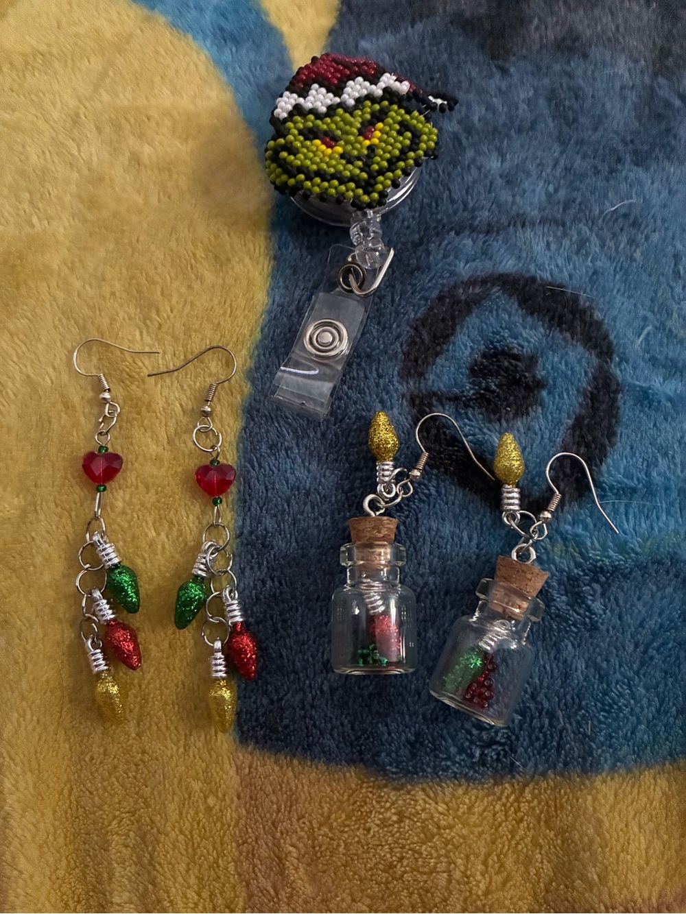Handmade Christmas Light Bottle & Bead Dangle Earrings - Green Red Gold